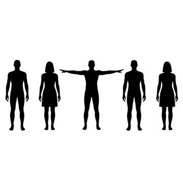 Six solid black human silhouettes of men and women in t-pose and neutral postures against a white background functional graphic design asset