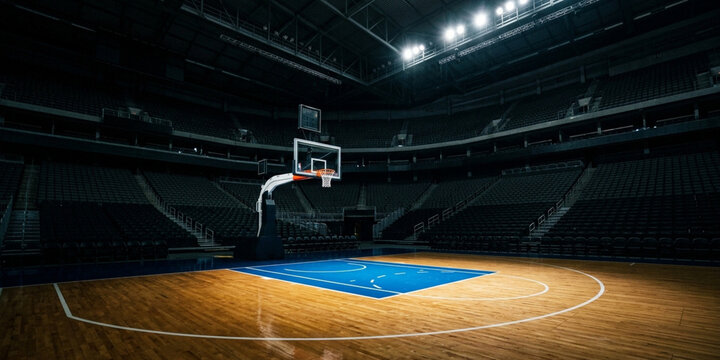 An empty basketball court with a blue center square and white markings in a dimly lit indoor arena with tiered seating.
