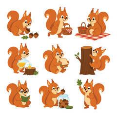 Naklejka premium Cute Cartoon Squirrels Engaged in Various Activities Like Collecting Acorns, Having a Picnic, and Climbing Trees.