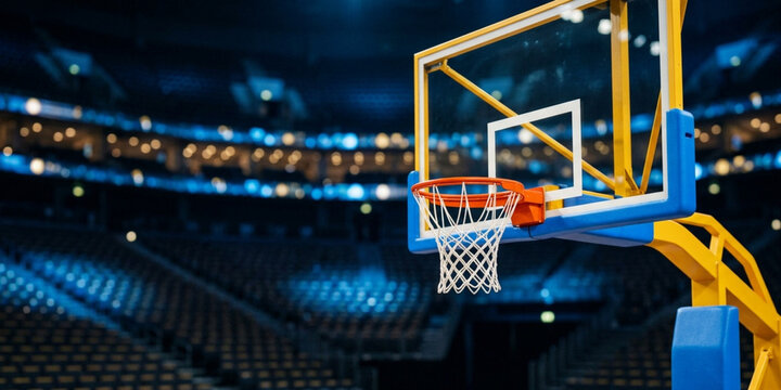 Close-up of a basketball hoop with a ball going through the net in an empty stadium with blue and yellow seats.