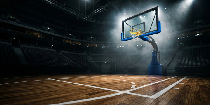 A basketball hoop stands centered on a wooden court within an empty indoor arena with spotlights shining down.