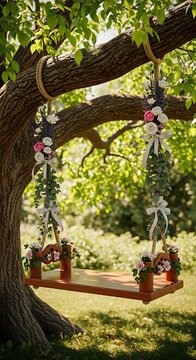Wooden swing adorned with flowers hanging from a large tree branch in garden