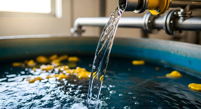 Water pouring from a metal pipe into a large industrial tank with floating yellow objects