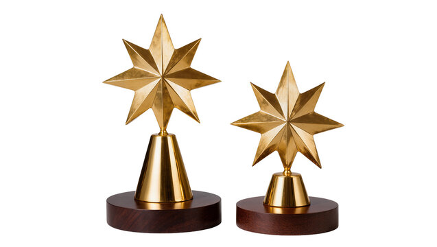Two golden star trophies on wooden bases, isolated on transparent background