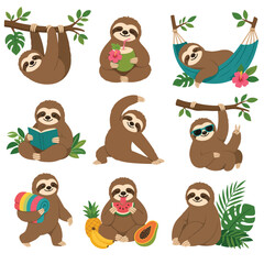 Fototapeta premium Cute Sloth Illustrations Showing Various Relaxing Activities and Tropical Vibes.