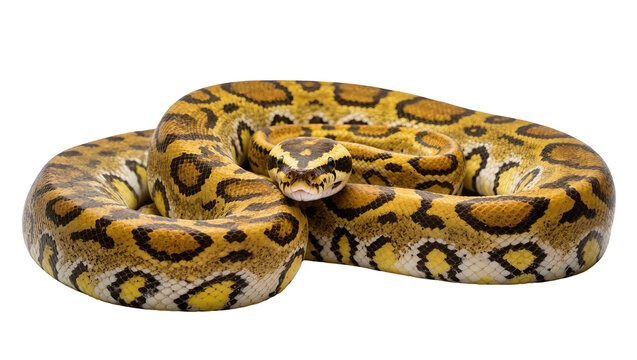 Python coiled with yellow black, and white patterned scales