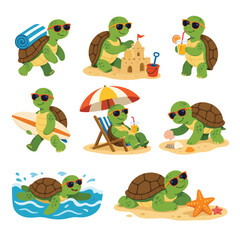 Fototapeta premium Cute Cartoon Turtles Enjoying Various Beach Activities on a Sunny Day.