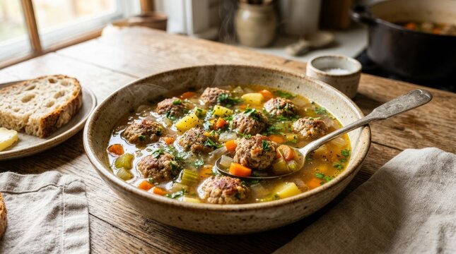 Hearty meatball soup with fresh bread and butter served in a rustic bowl on a wooden table.