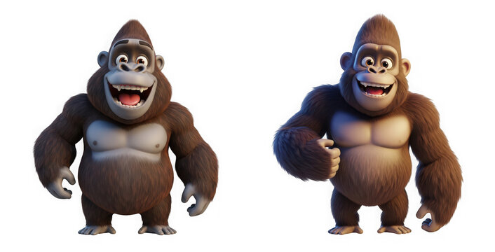 Two 3d cartoon gorillas standing side by side isolated on transparent background