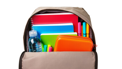 Open backpack filled with school supplies notebooks pencil case water bottle, markers © Otillie