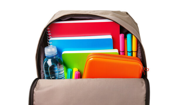 Open backpack filled with school supplies notebooks pencil case water bottle, markers