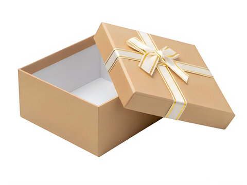 Open gift box with white ribbon on brown kraft paper