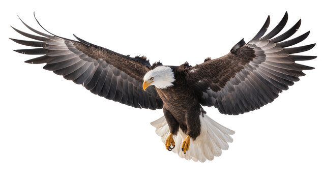 Bald eagle with wings spread wide, flying forward
