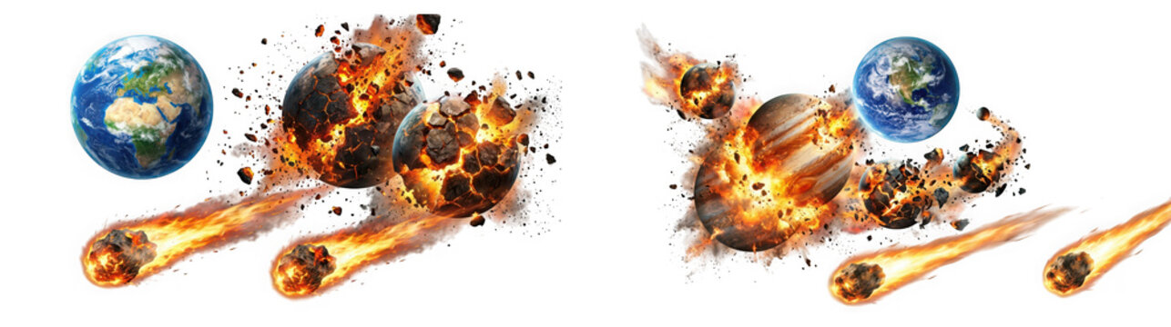 Collage of planets being destroyed by asteroids and meteors in deep space isolated on transparent background
