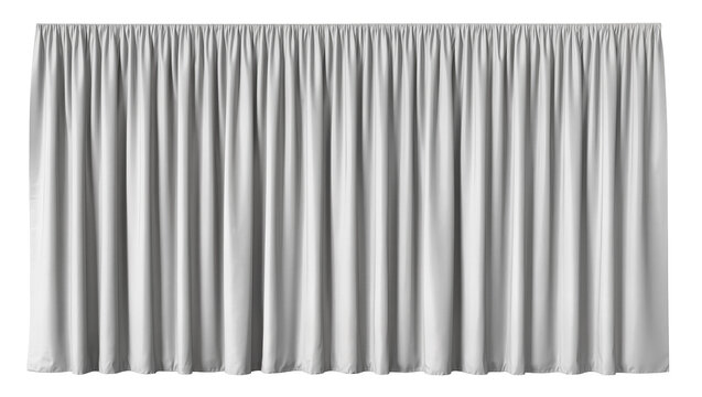 Pleated grey fabric curtain with gathered top edge, isolated on transparent background