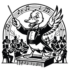Duck cartoon character conducting a symphony orchestra with conductor, orchestra © kuhinur