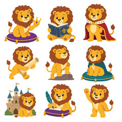 Naklejka premium Collection of Cute Cartoon Lions in Various Royal and Scholarly Poses, Including Wearing Crowns, Reading Books, and Holding Scrolls, Set Against a White Background.