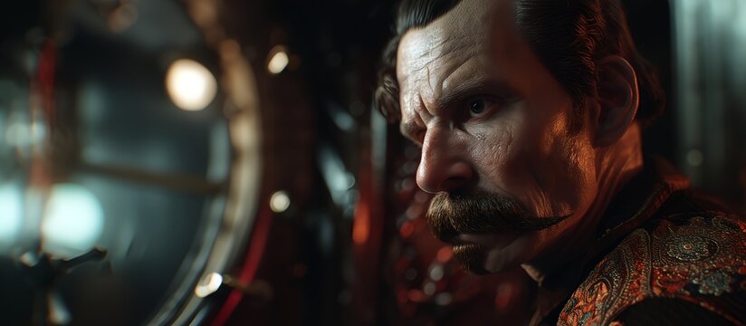 A hero with a tense expression in a ship's cabin. An illustration on the theme of cinema and films, characters, and heroes.