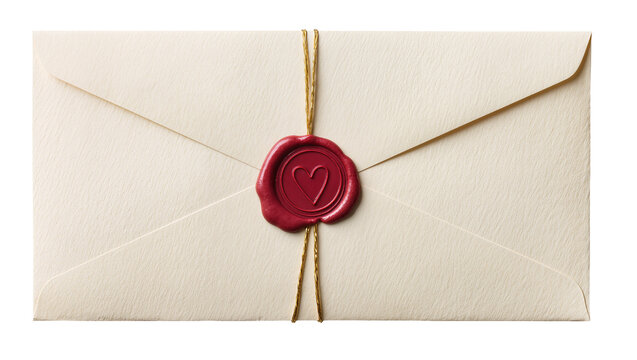 Cream colored envelope sealed with red wax heart stamp and twine, isolated on transparent background