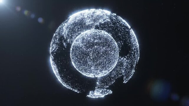 Abstract animated glowing particle sphere expanding with shimmering rings in dark digital space, futuristic technology background.