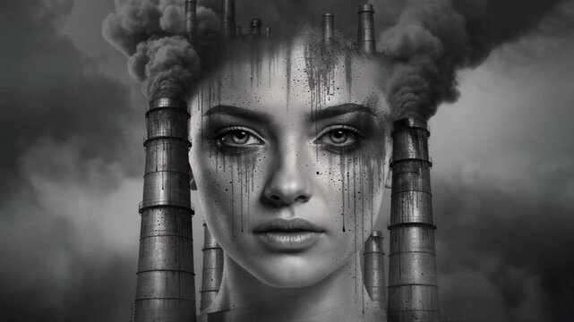 Haunting video of serene female face blended with towering factory smokestacks and smoky industrial atmosphere
