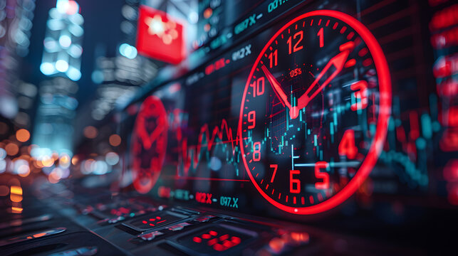 Close up of glowing red alarm clock face on financial stock market data with city lights at night.