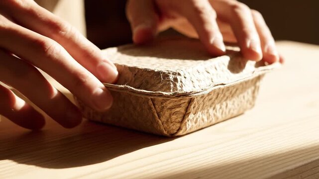 Hands closing a small eco-friendly recycled paper box on a wooden table