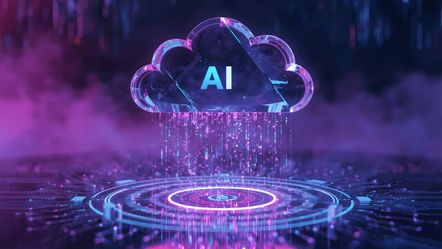 Artificial Intelligence cloud computing concept, futuristic AI digital data storage, glowing purple neon cloud icon with binary code rain