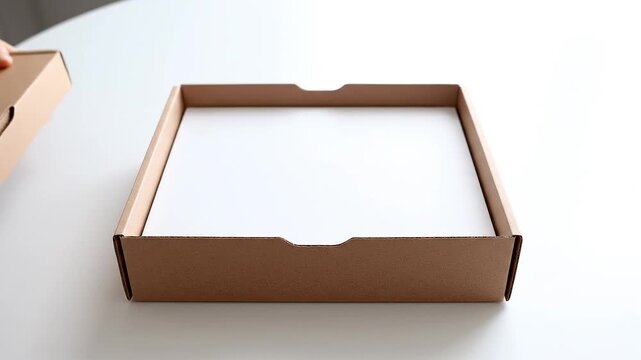 Hands opening a brown cardboard box on a white table to reveal contents