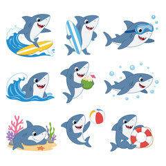 Fototapeta premium Collection of Cute Cartoon Sharks Enjoying Various Summer Activities and Beach Fun.