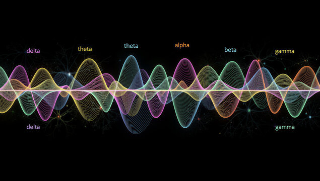 Colorful Brain Wave Frequency Diagram Showing Delta Theta Alpha Beta Gamma Waves with Glowing Neon Sine Waves Over Neuron Network on Black Background, Neuroscience and EEG Concept
