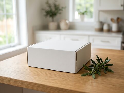 White cardboard box on wooden kitchen countertop with green leaves for product packaging and br