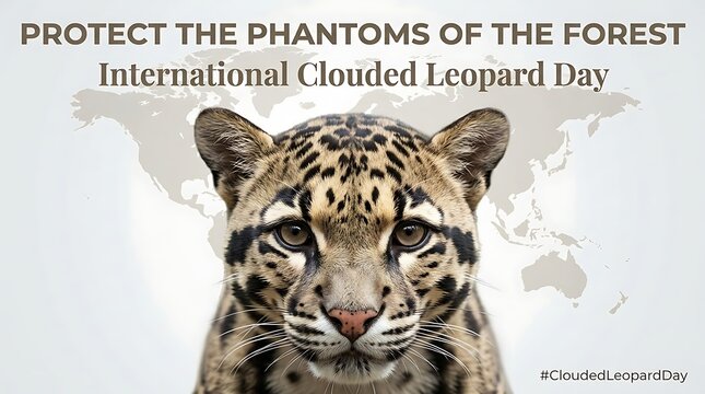 Closeup portrait of a beautiful clouded leopard with a world map background for wildlife conservation awareness campaign