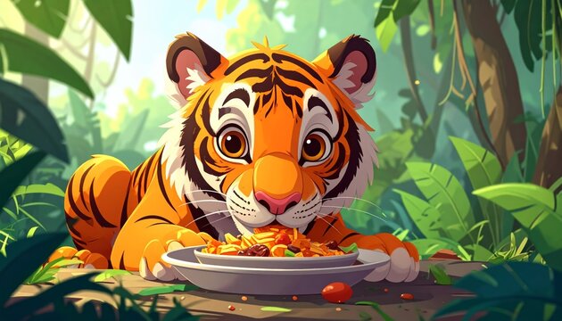 A cartoon tiger eating from a plate in the jungle.
