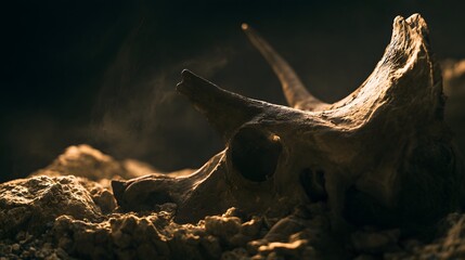 Fototapeta premium Ancient Triceratops Skull Unearthed A Museum Display of Fossilized History and Golden Light