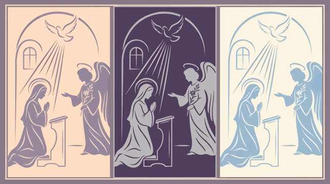 Monochromatic Vector Illustration of the Annunciation, Featuring Mary Kneeling and the Archangel Gabriel with a Dove and Holy Light, Three Panels in Different Color Schemes