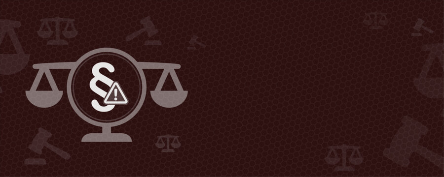 Digital graphic featuring a balance scale with a paragraph sign and a warning icon, providing ample copy space for legal text, law enforcement, and justice-related policy concepts.