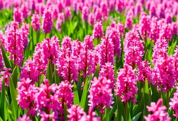 Obraz premium Vibrant pink hyacinths bloom densely in lush green garden on sunny day