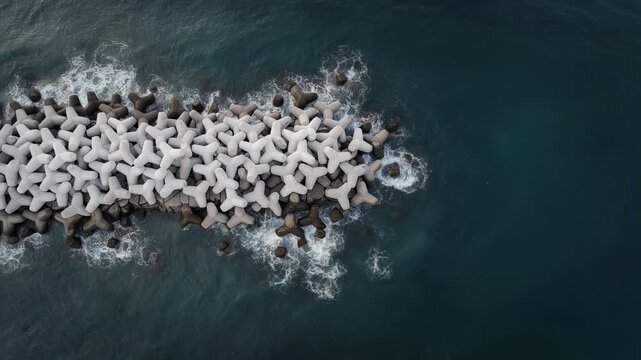 Aerial view of ocean waves crashing against unique three pronged concrete breakwater on coastline