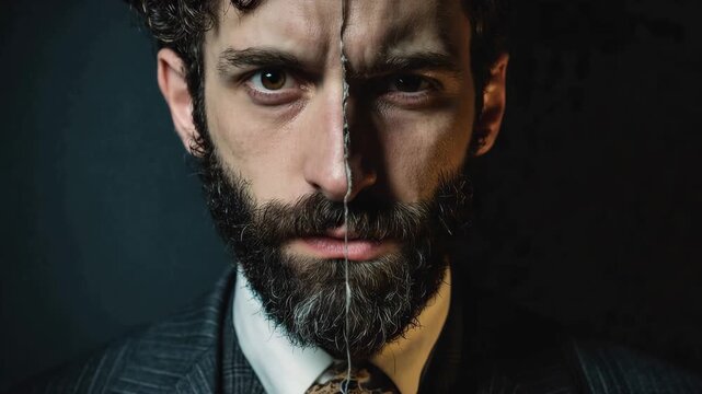 Man's intense facial expressions during close-up studio portraiture with dramatic lighting
