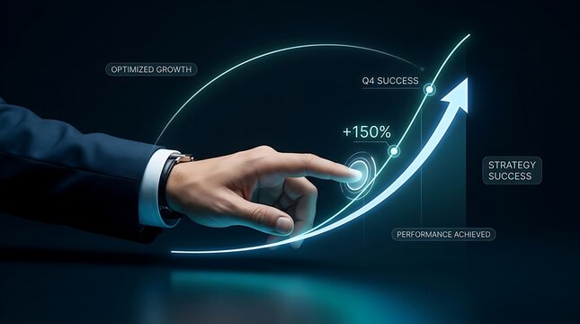 A hand touching a digital holographic interface showing a 150 percent growth chart with optimized strategy and q4 success indicators