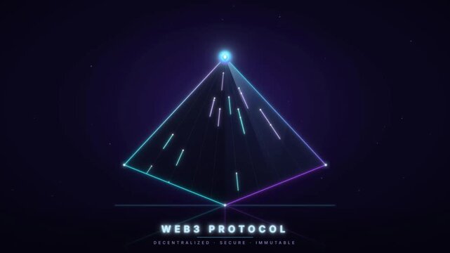 Web3 blockchain protocol with glowing neon pyramid and data streams rising to apex node