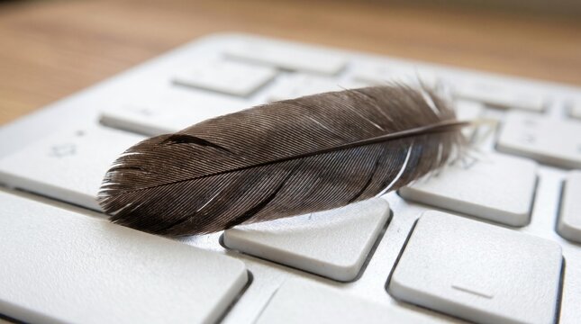 Close-up macro shot of a single brown feather resting gently on a white computer keyboard, highlighting delicate textures and digital interaction.