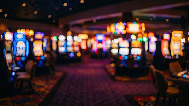 Blurred casino floor with rows of glowing slot machines at night.