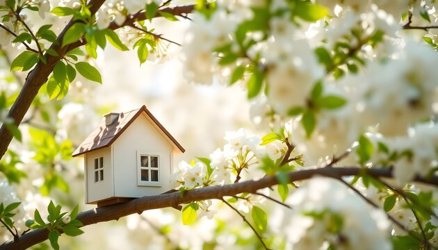 A small white house sits on a tree branch surrounded by green leaves and white flowers in a bright sunny day.