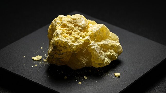 Close-up of a raw yellow mineral chunk on dark background, emphasizing natural texture