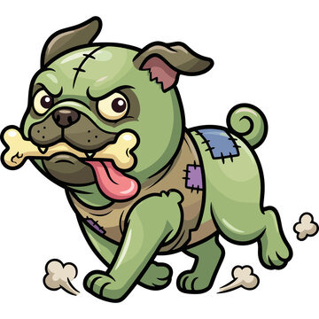 A zombie pug dog holds a bone in its mouth with a spooky expression.
