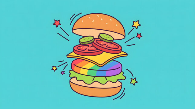 Rainbow pride hamburger illustration with exploding layers on blue background