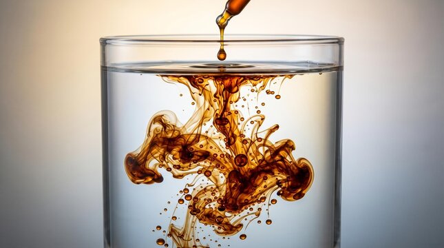 Close-up of dark amber liquid drops diffusing in clear water, creating abstract patterns