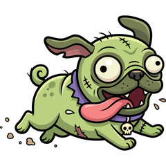 Naklejka premium A green zombie dog runs excitedly outdoors with its tongue out.